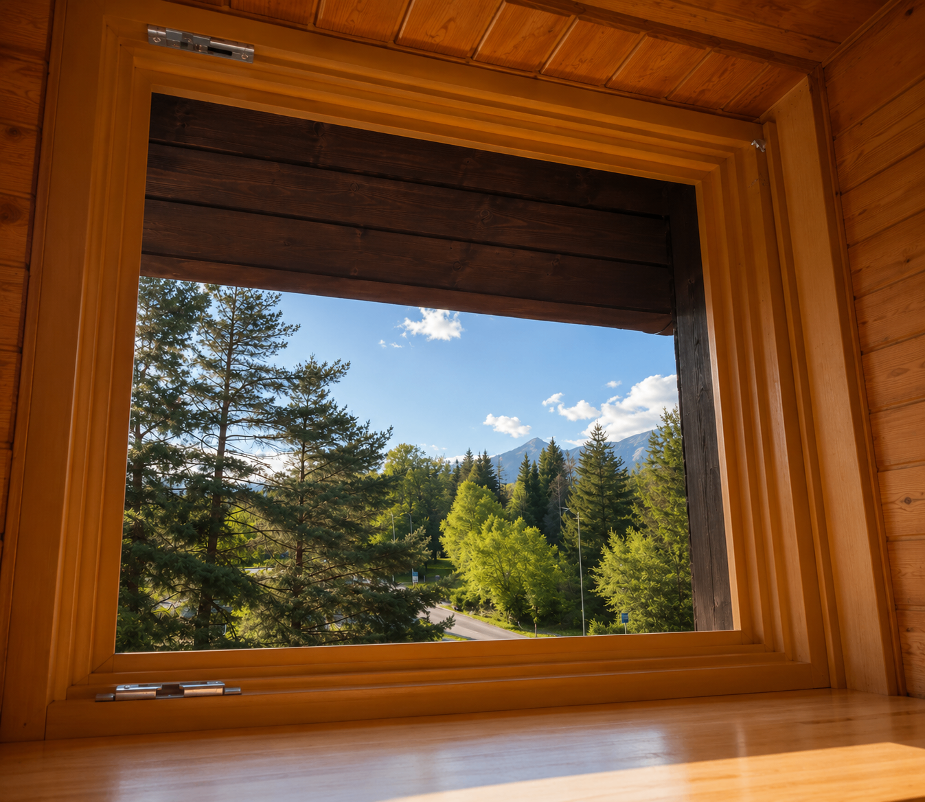 Mountain view through a wooden-framed window