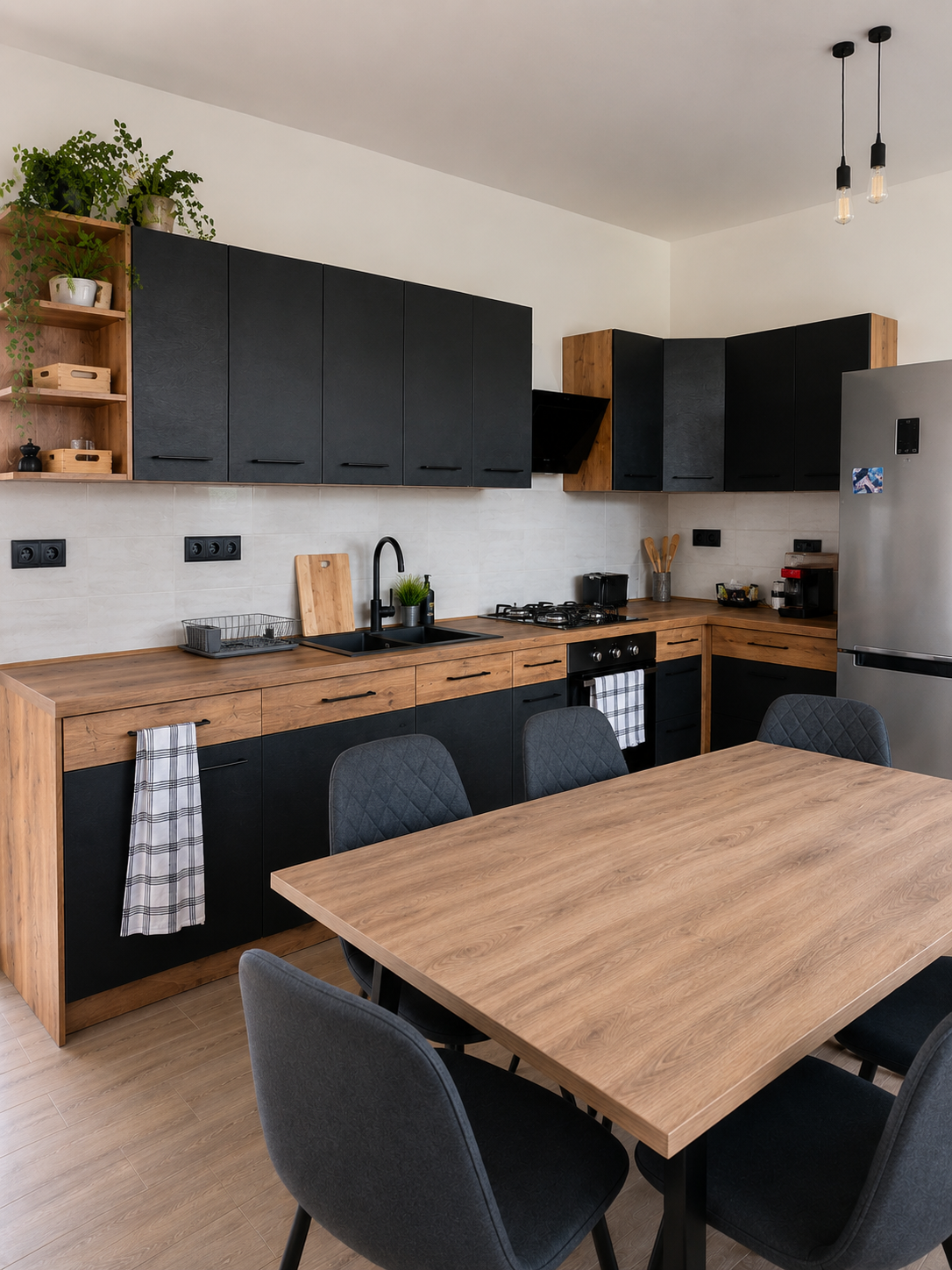 Shared kitchen with wooden table and black cabinets