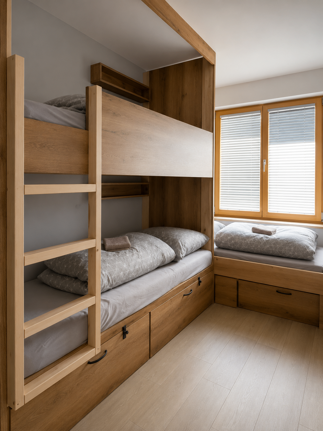 Bunk room with oak beds and window seat