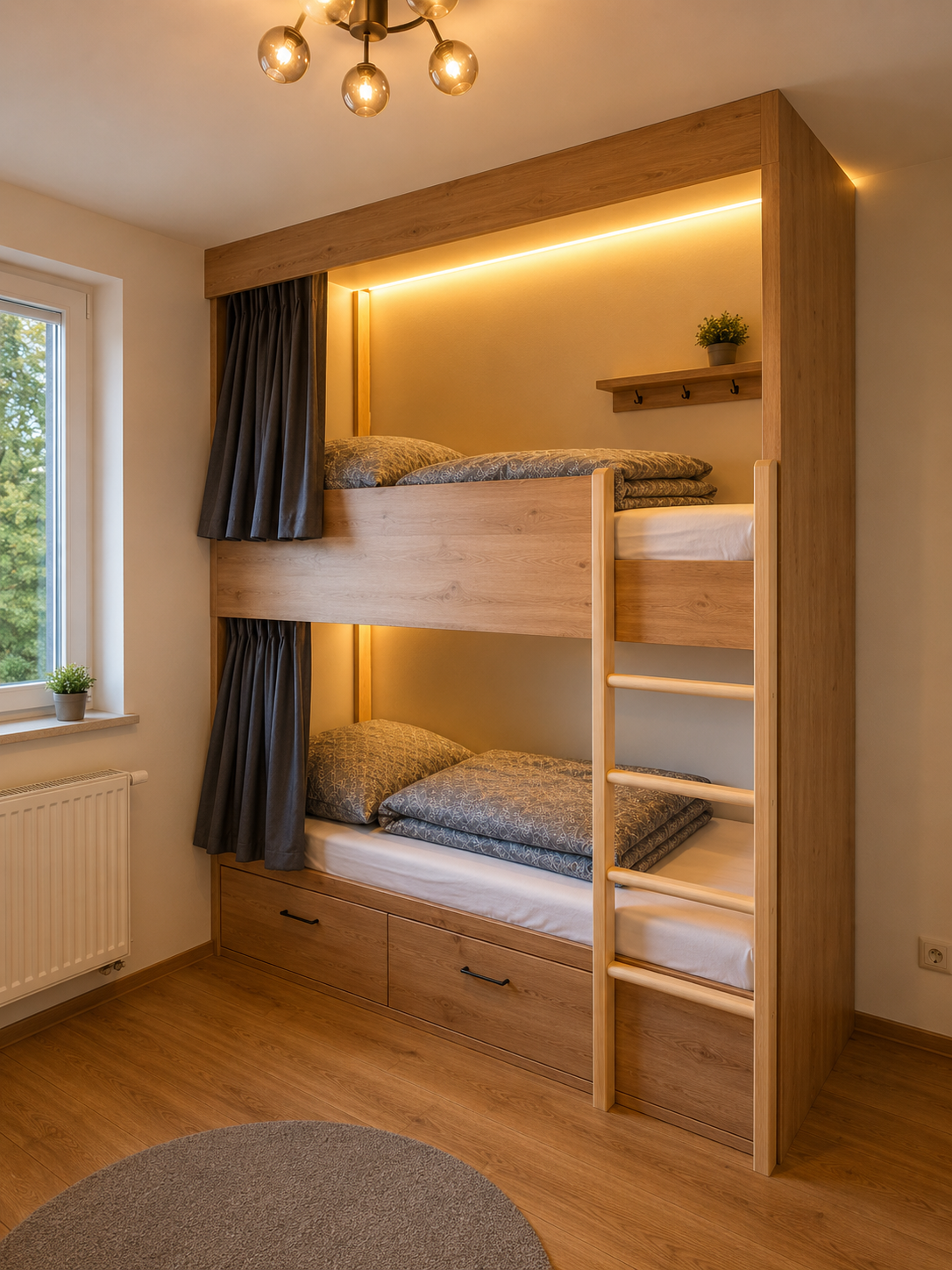 Bunk bed with privacy curtains and warm lighting