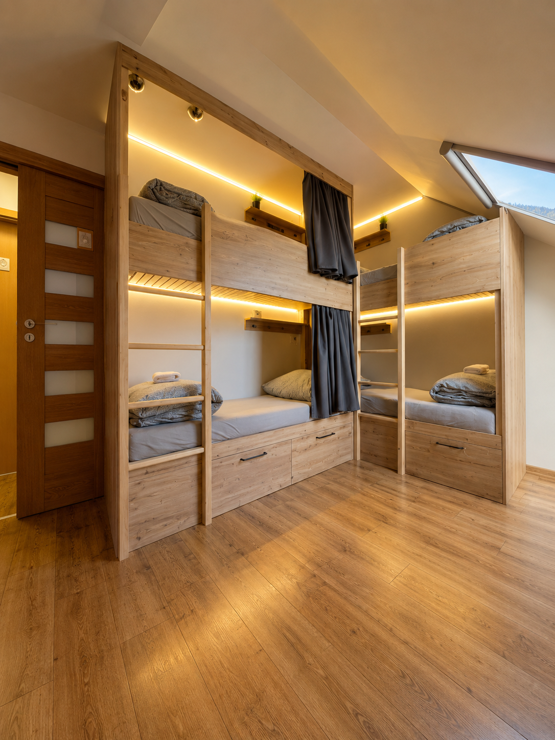 Six-bed dorm with skylight