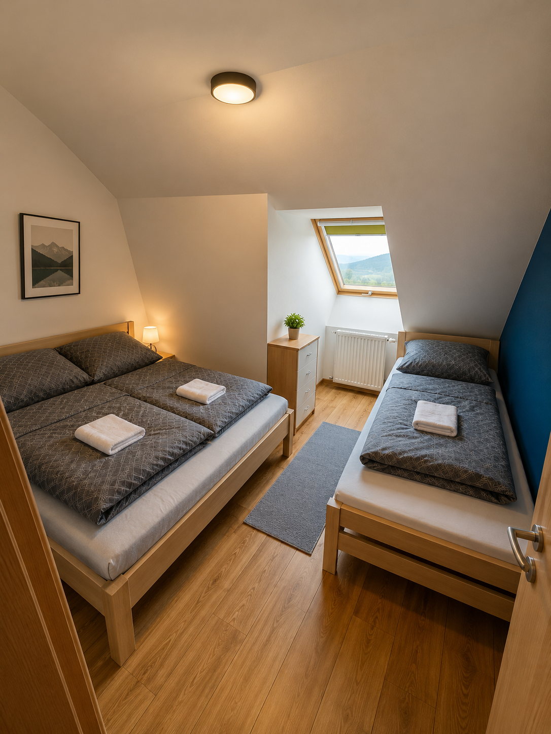Attic bunk room with reading lights